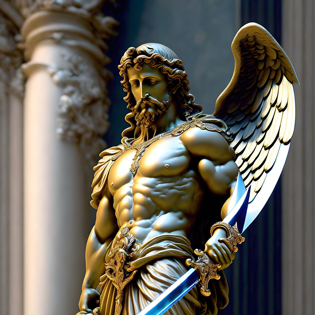 Detailed Angelic Warrior Sculpture with Sword and Wings Against Classical Columns