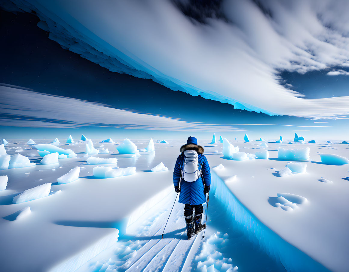 Person in Blue Jacket on Snowy Boardwalk with Icebergs and Dramatic Sky