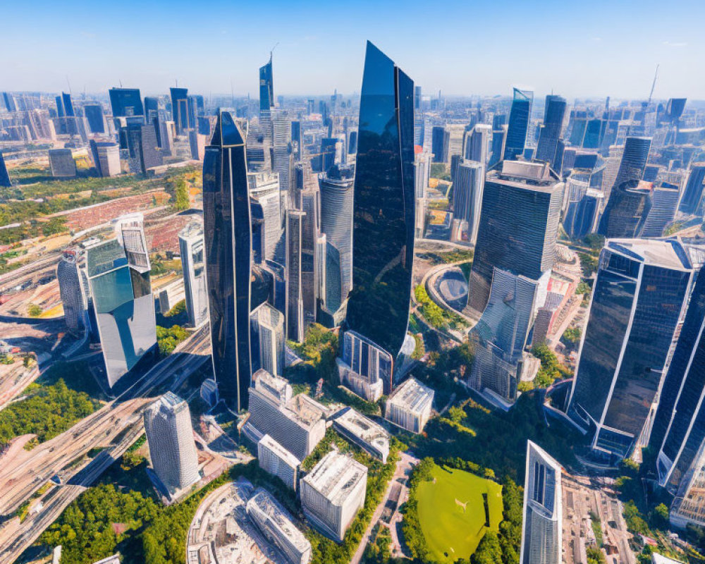 Modern cityscape with skyscrapers, parks, and busy roads on a sunny day