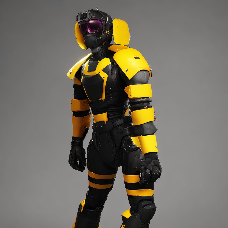 Futuristic black and yellow armored suit with helmet and visor against grey background