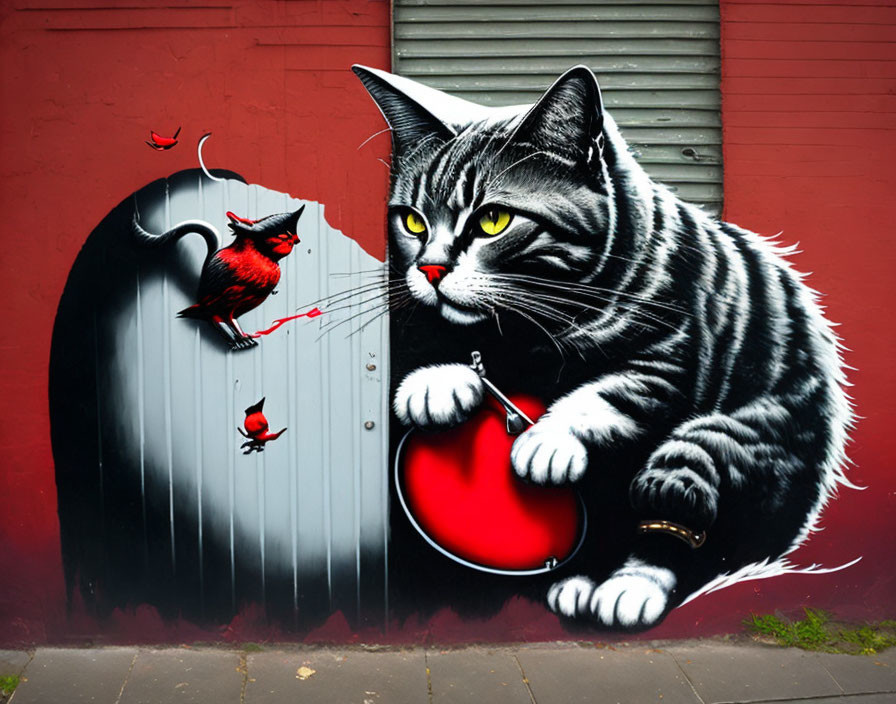 Colorful Street Mural: Striped Cat and Red Bird Interaction