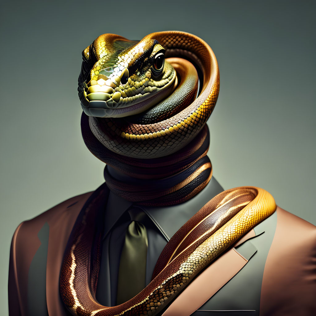 Surreal image: snake replaces man's head in suit