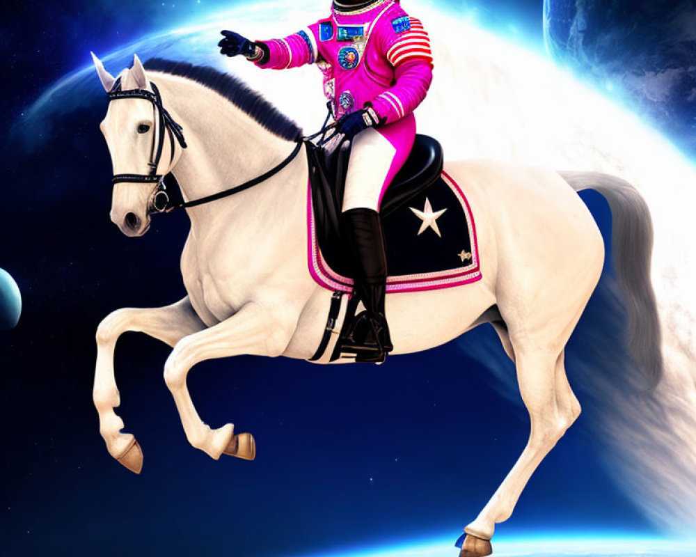 Astronaut in pink suit on white horse in space with Earth and Moon