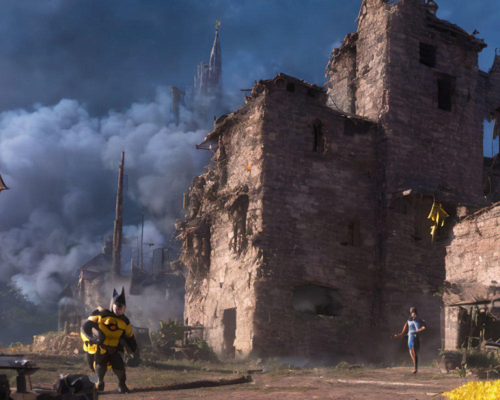 Person in bee-themed costume in war-torn cityscape with smoking ruins facing child