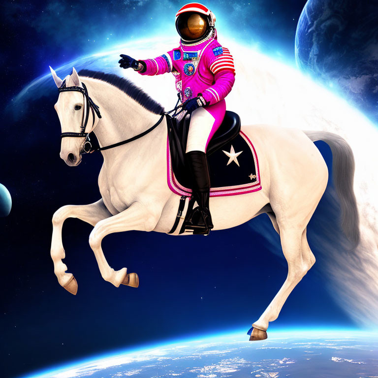 Astronaut in pink suit on white horse in space with Earth and Moon