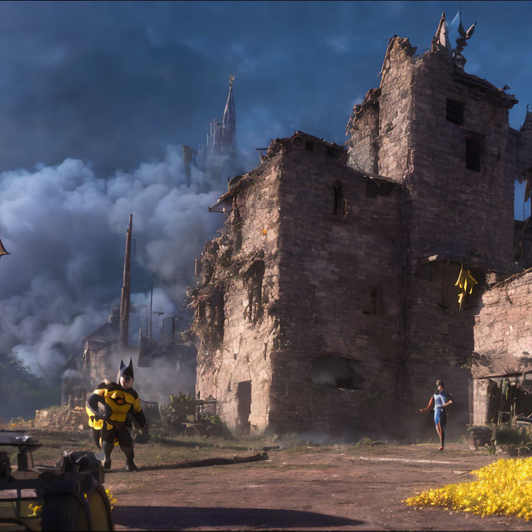 Person in bee-themed costume in war-torn cityscape with smoking ruins facing child