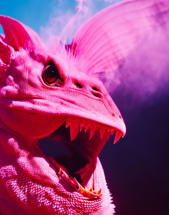 Pink Dragon Breathing Smoke on Pink and Purple Background