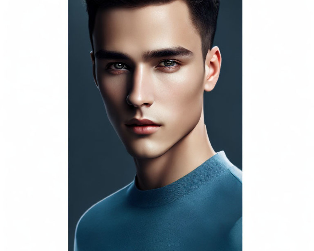 Young man portrait with styled hair and prominent cheekbones in blue top on grey background