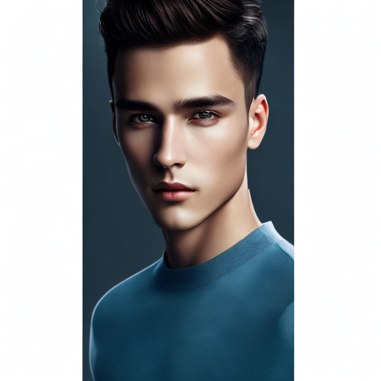 Young man portrait with styled hair and prominent cheekbones in blue top on grey background