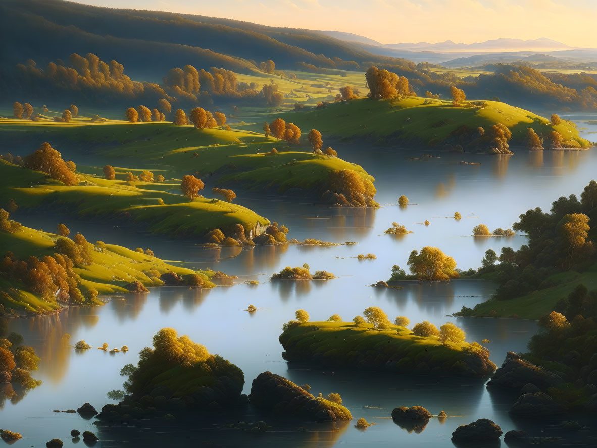 Tranquil landscape with rolling hills, lush trees, calm lake, and warm sunlight