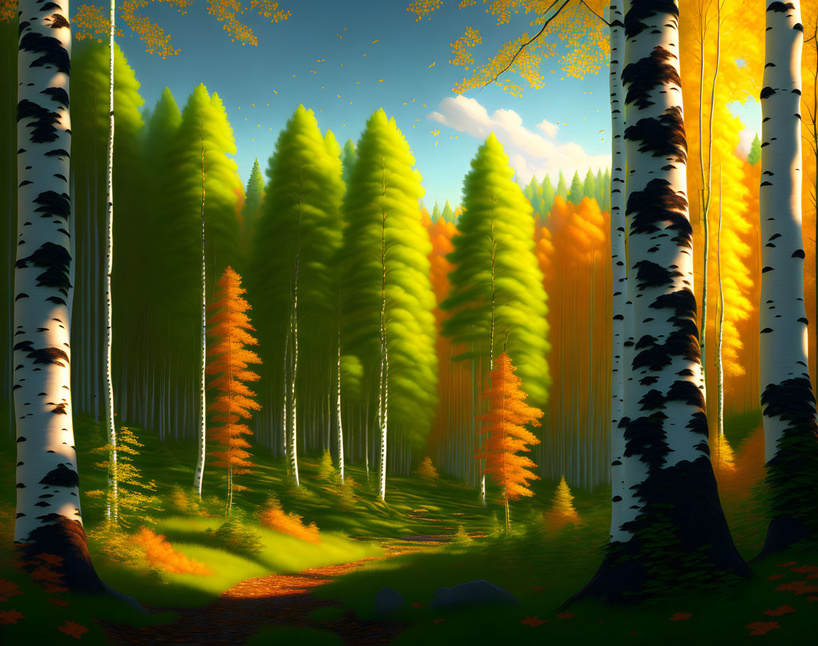 Lush Birch and Pine Forest in Golden Autumn Light