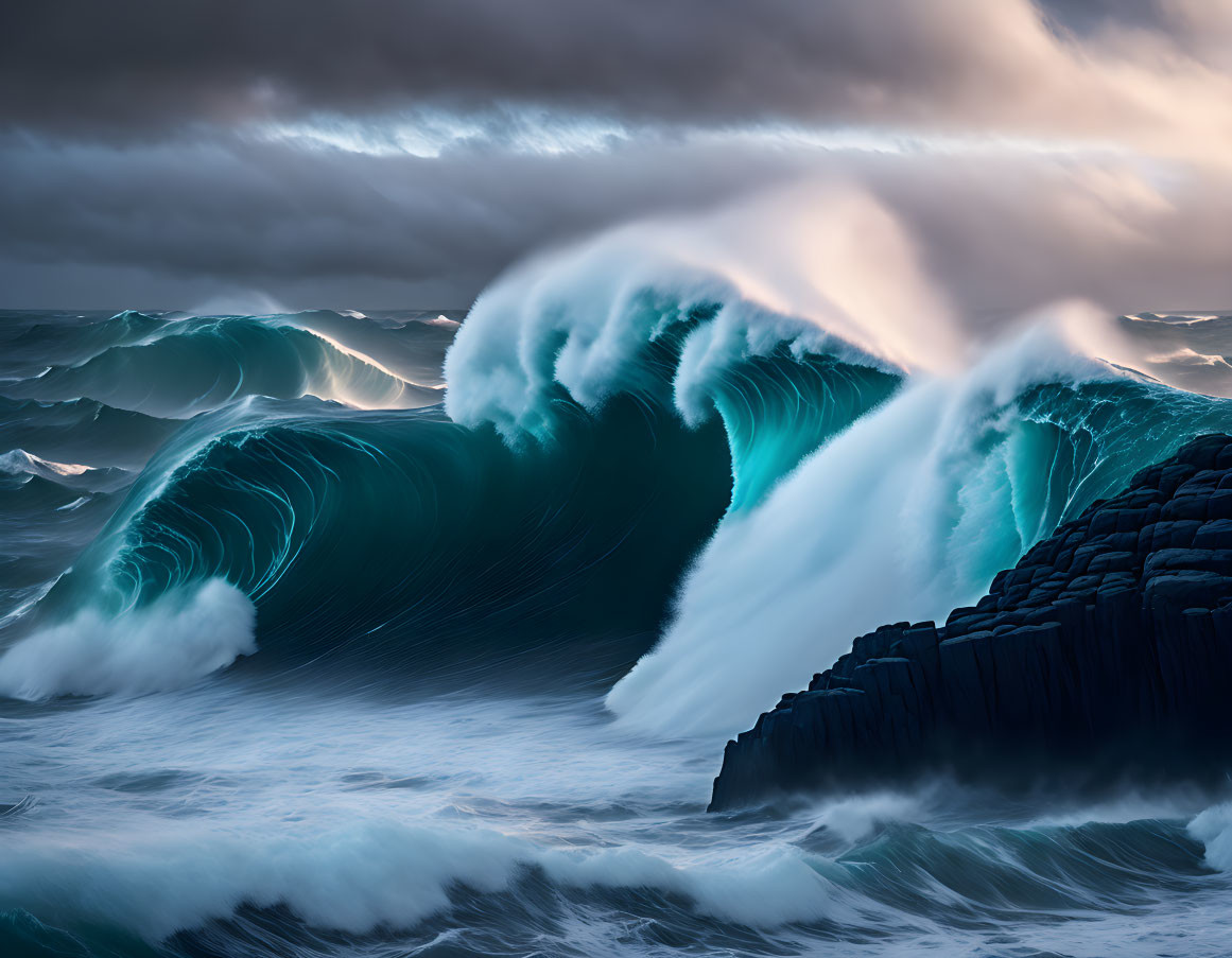 Stormy Sky with Waves Crashing Against Rocky Cliffs