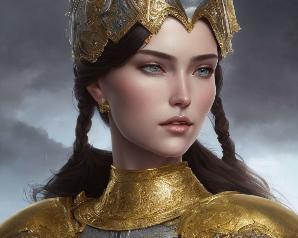 Woman in ornate golden armor with detailed helmet against stormy sky.