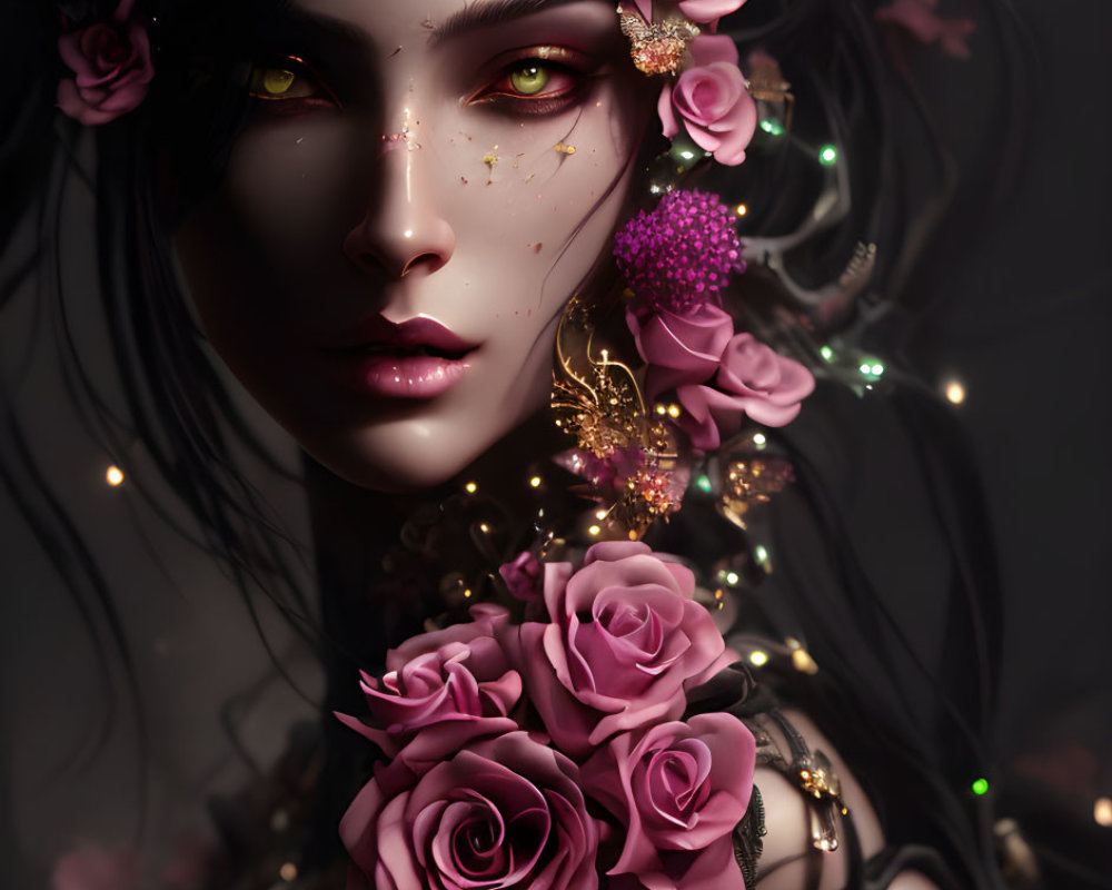 Pale-skinned woman with dark floral accents and golden eye decor in digital portrait.