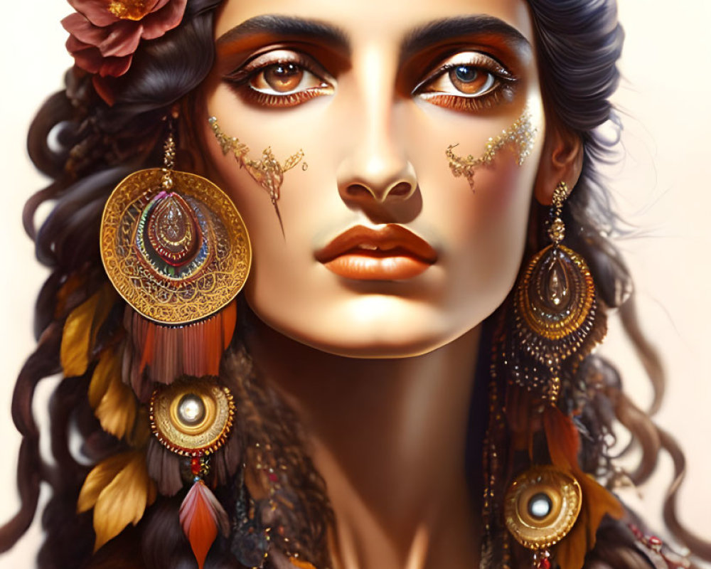 Portrait of woman with ornate earrings, braided hair, and gold makeup