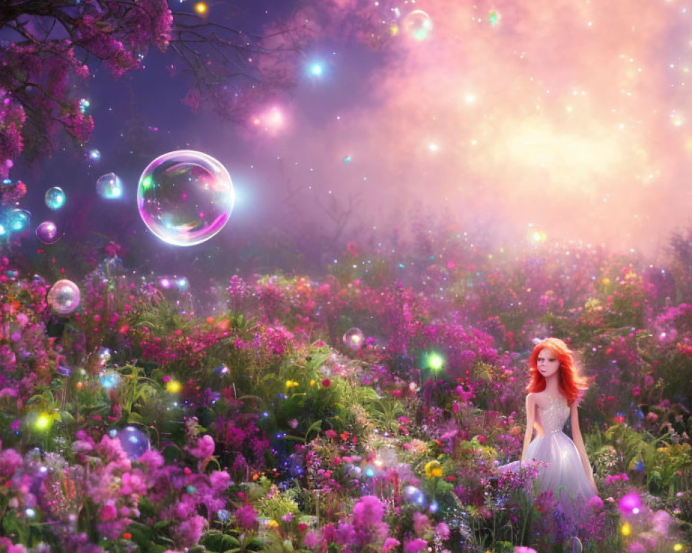 Redhead woman in white dress surrounded by vibrant flowers and iridescent bubbles in a nebula sky