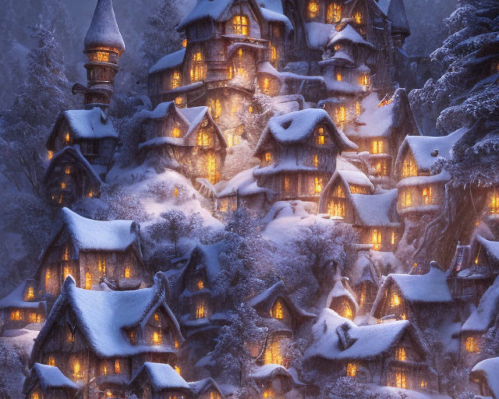 Snow-covered twilight village with whimsical architecture and magical ambiance