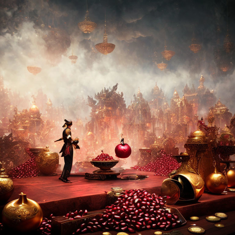 Elaborately dressed person surrounded by gold objects and pomegranates in misty setting