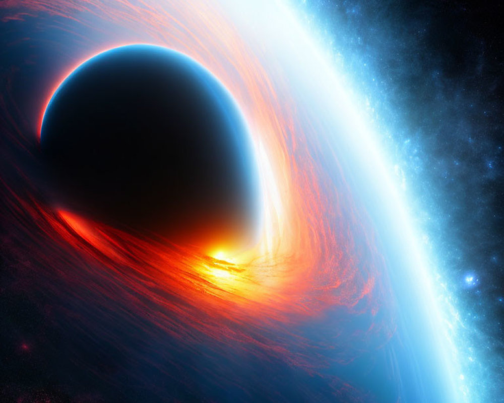 Dark planet with fiery horizon in space illustration.