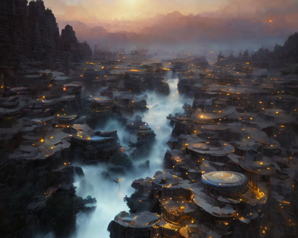 Ethereal landscape with river, terraced cliffs, and starry night sky