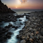 Ethereal landscape with river, terraced cliffs, and starry night sky