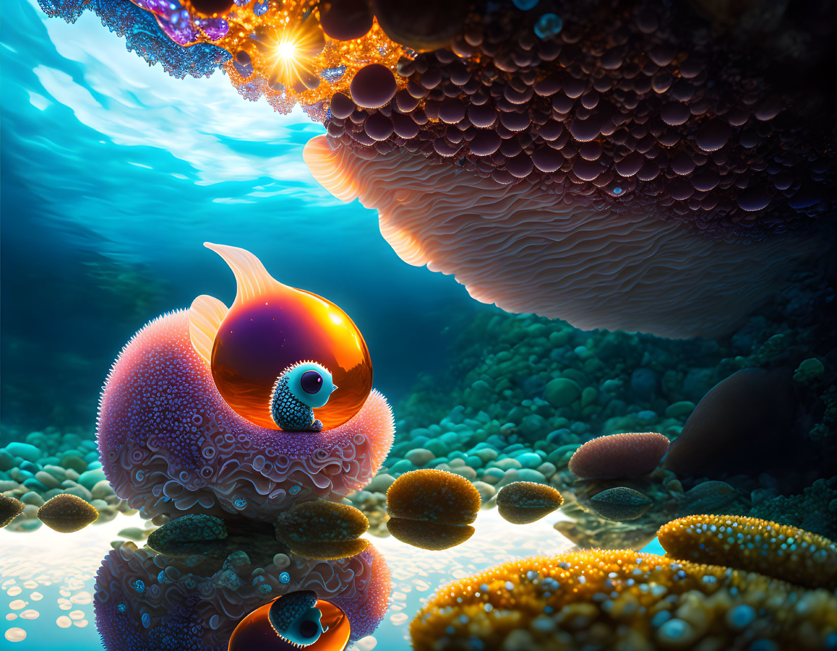 Colorful Coral and Orange Fish Swimming Under Sunbeams