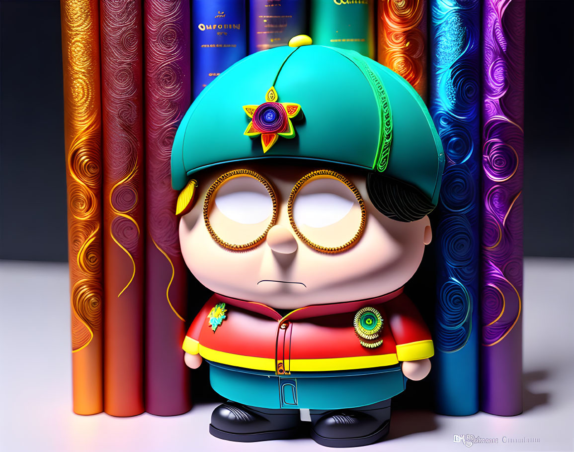 Character with Green Cap and Red Jacket Among Colorful Cylinders