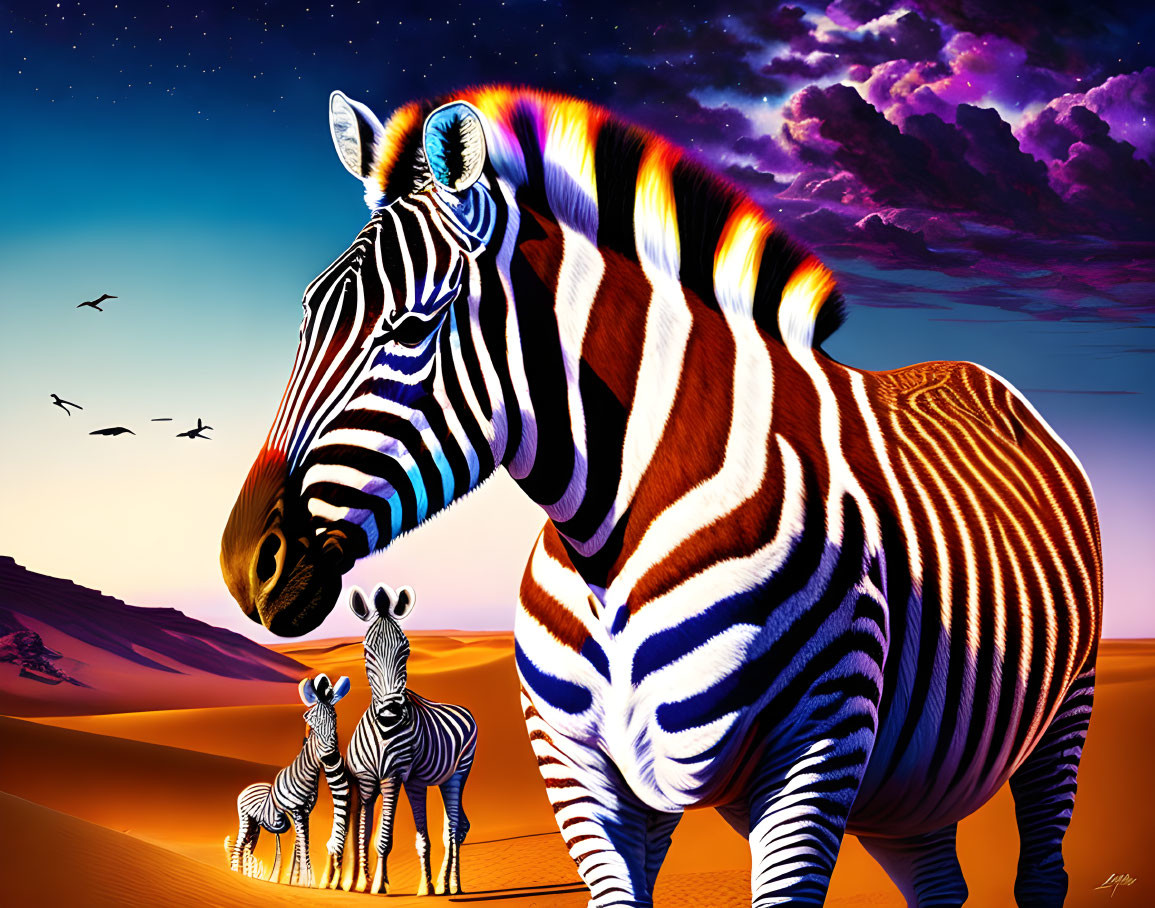 Zebras in desert (conjoined in background)