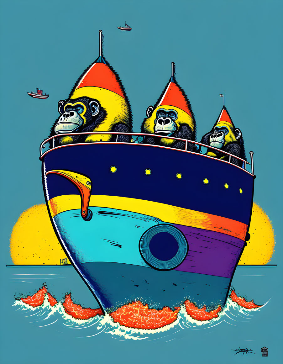 Vibrant Cartoon Mandrills Operating Ship on Ocean