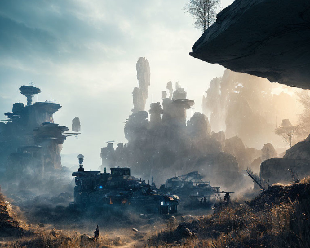 Post-apocalyptic landscape with rugged terrain, rock formations, tank, and people in eerie light