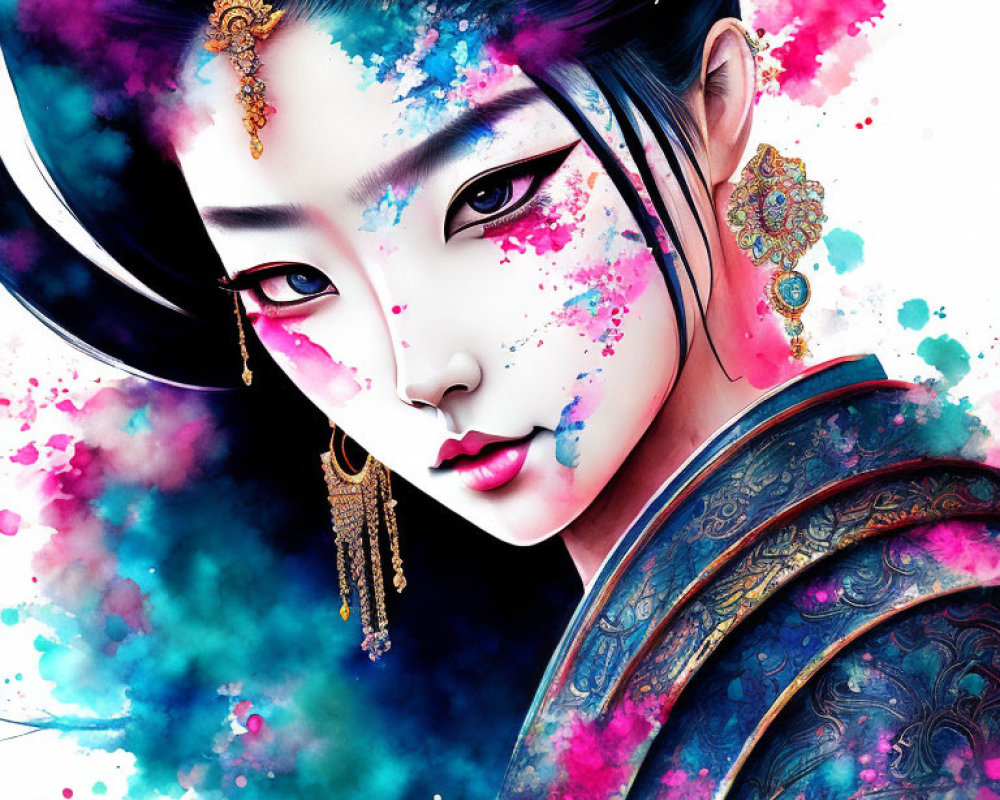 Digital Artwork: Woman with Asian Features and Jewelry on Ink Background