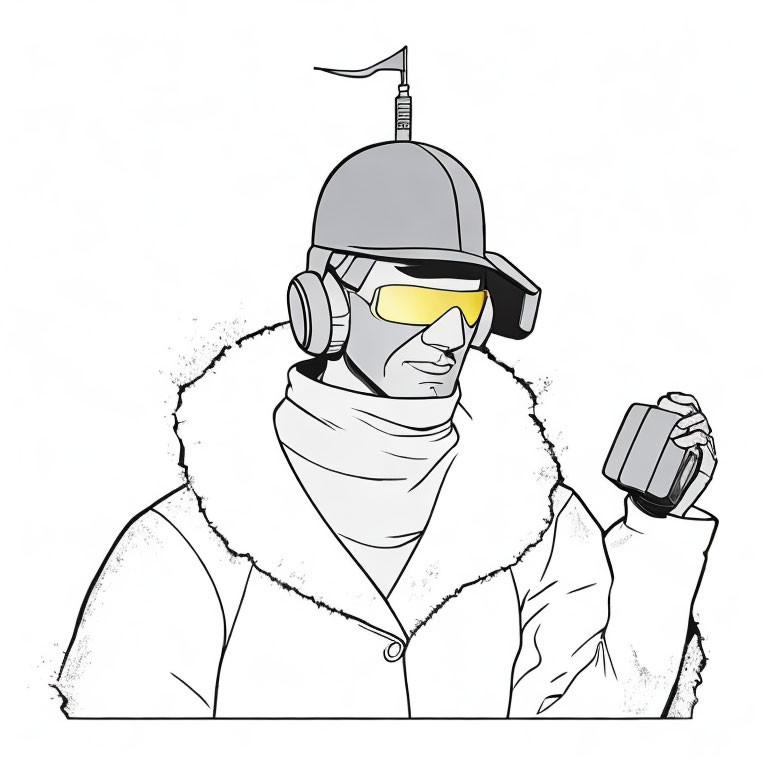 Person with Helmet, Antenna, Yellow Goggles, and Device in Hand