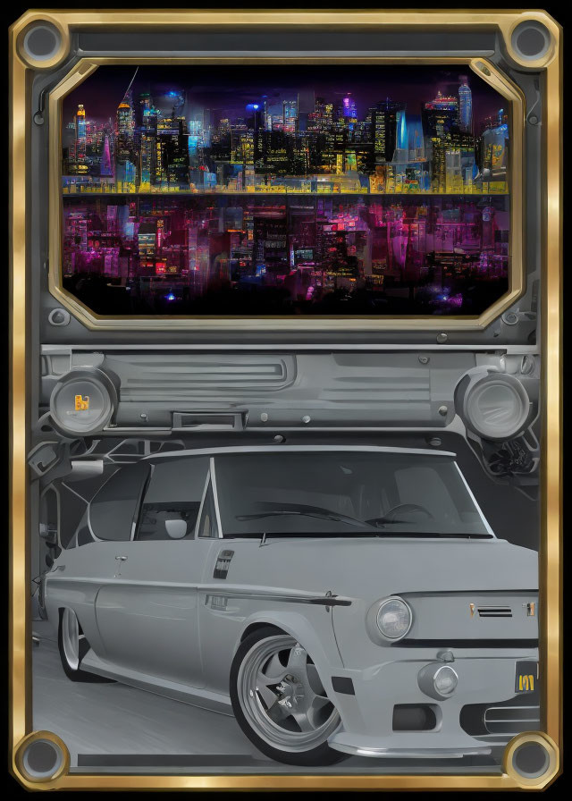 Vintage Silver Car Against Futuristic Cityscape Border