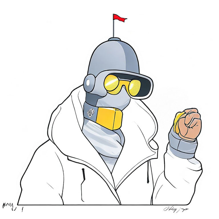 Person in Ski Gear with Goggles, Scarf, Beanie, and Red Flag Holding Ski Pole