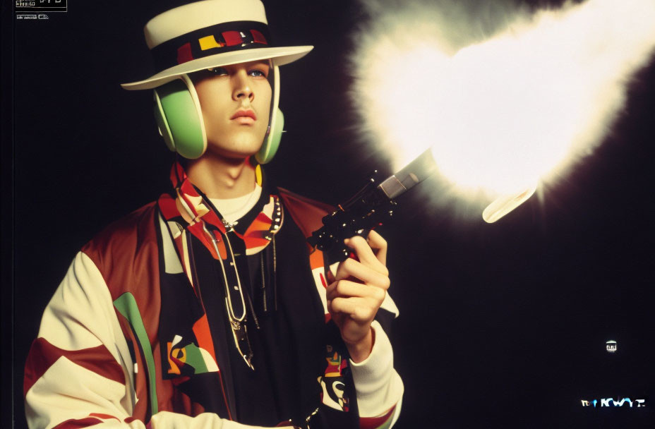 Colorfully dressed person with headphones and cap holding a bright flame object and exhaling smoke