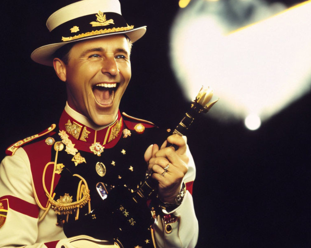 Man in military uniform with medals holding baton, laughing against dramatic lighting.