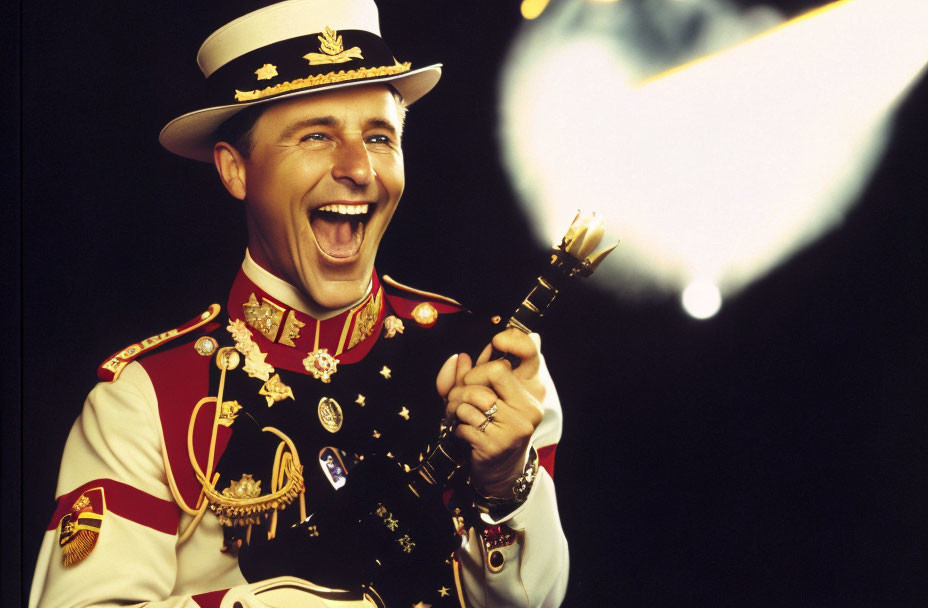 Man in military uniform with medals holding baton, laughing against dramatic lighting.