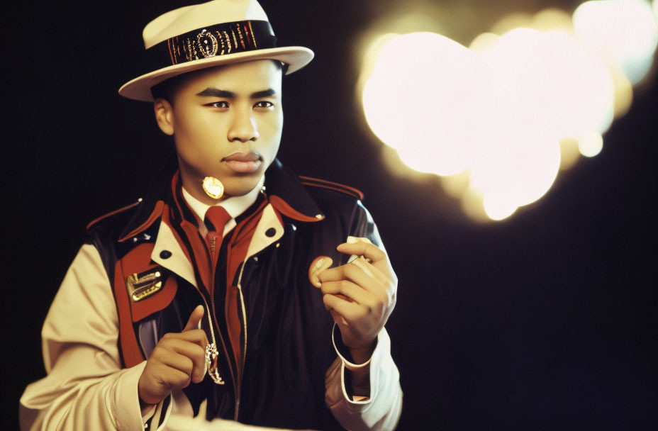 Stylish person in red jacket and "MOON" hat blowing bubble gum bubble with bokeh