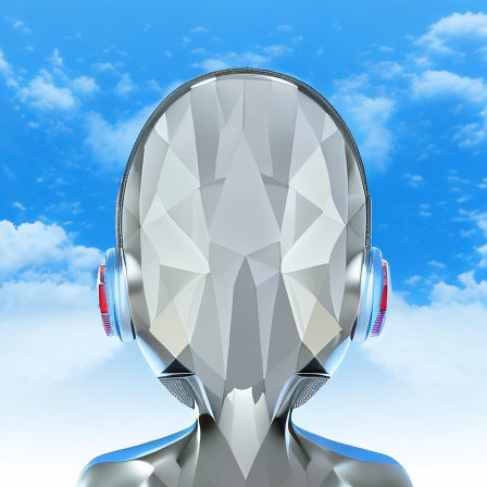 Polygonal Head Figure with Headphones on Blue Sky Background