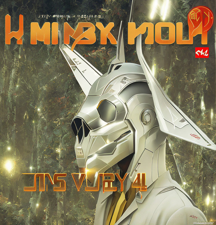 Stylized poster of humanoid figure with metallic helmet in forest setting and Cyrillic text.