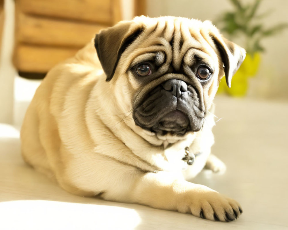 Fawn-colored pug dog with wrinkled face and expressive eyes in sunlit room