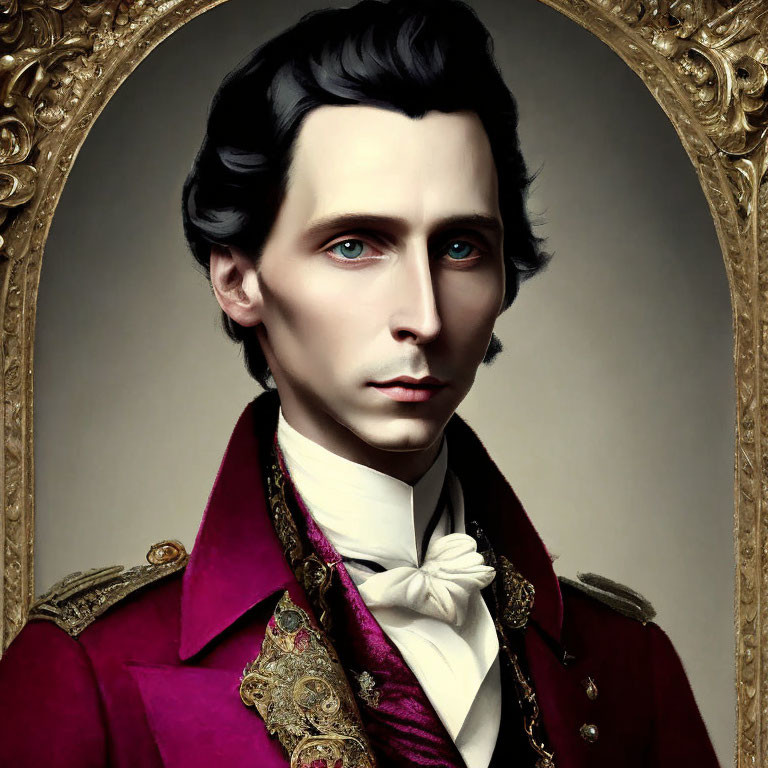 Digital artwork of man in vintage military uniform with classic hairstyle in ornate golden frame