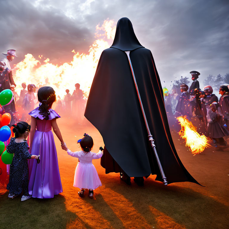 Cloaked figure guiding two girls to sparkler-lit crowd at dusk