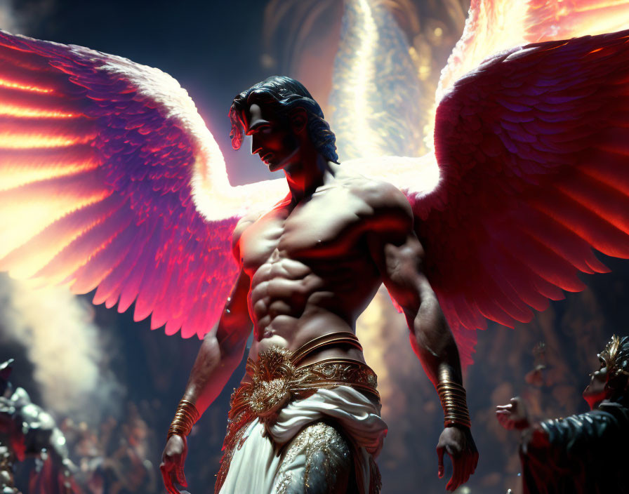 Muscular figure with white wings in golden attire and fiery aura