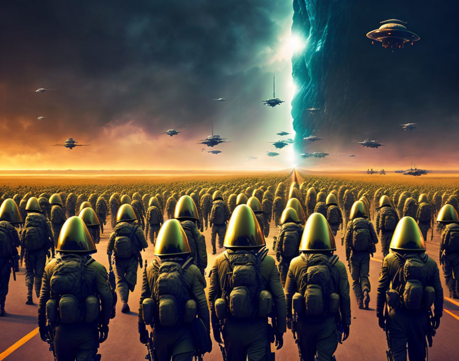 Military in hazmat suits march towards light with UFOs in stormy sky