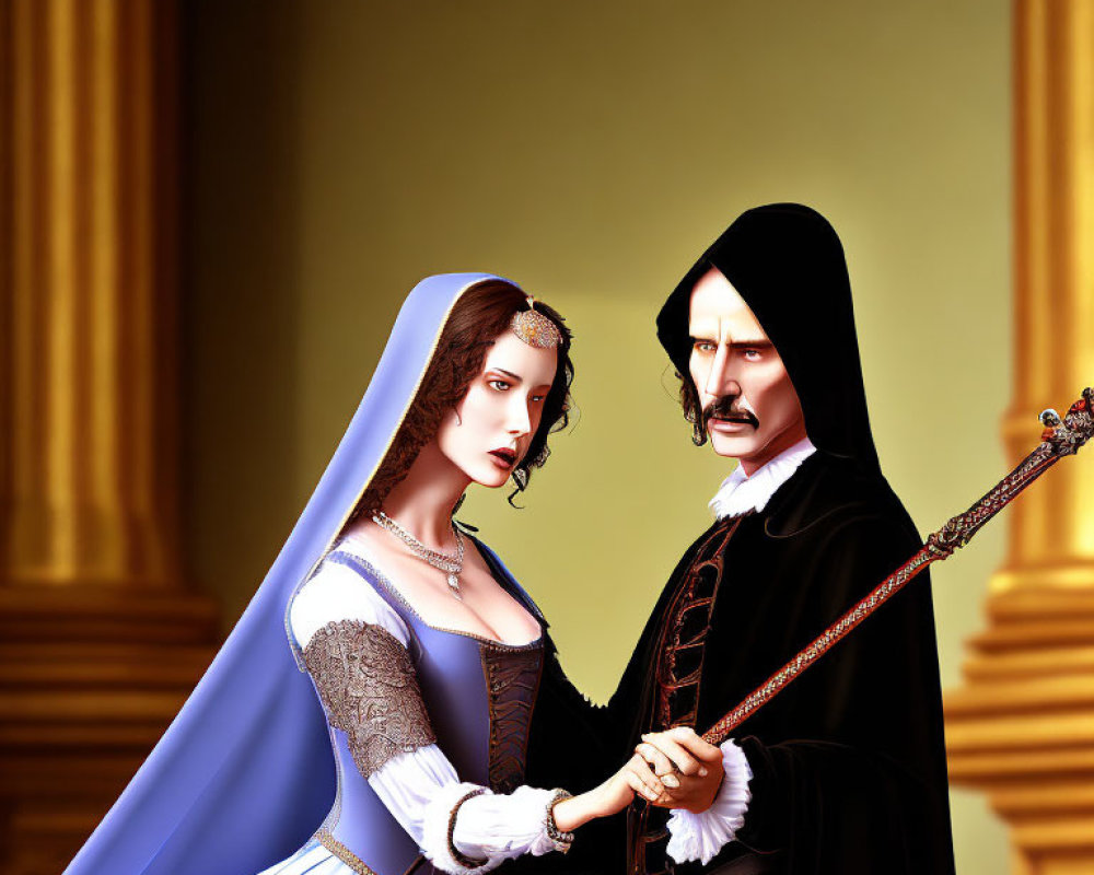 Medieval couple digital art: lady in blue dress, man in black robe & hat, holding hands