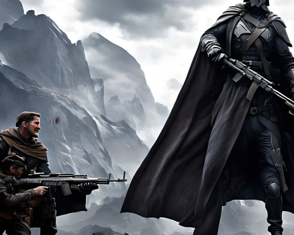 Futuristic soldiers in armor and cape with rifle against mountain backdrop