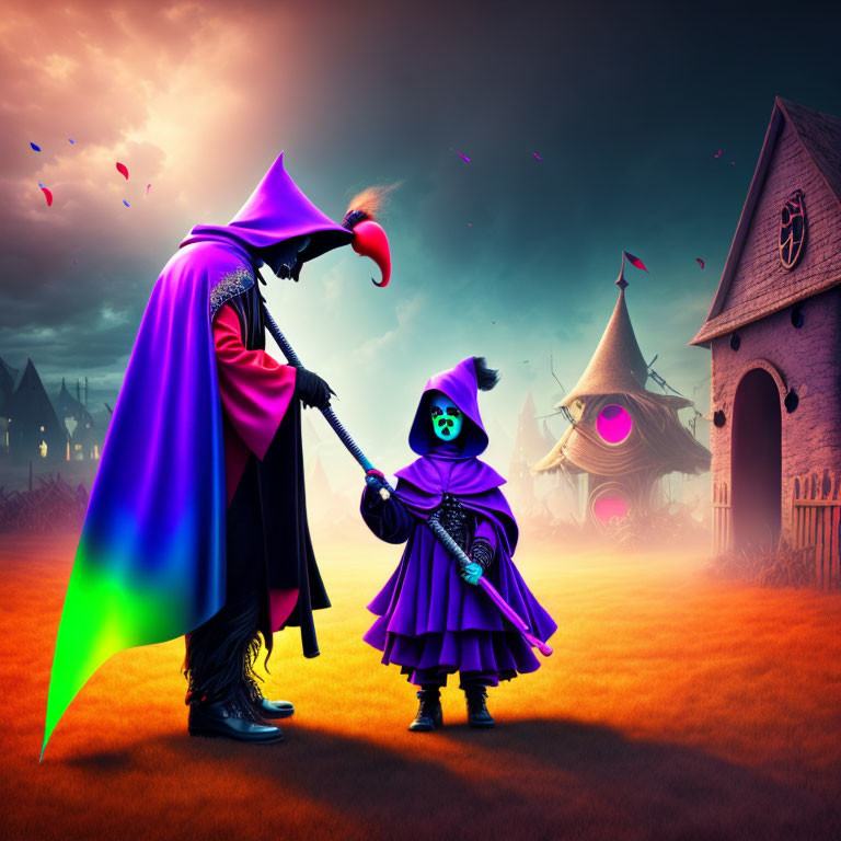 Fantasy setting with two figures in vibrant purple cloaks and jester hats