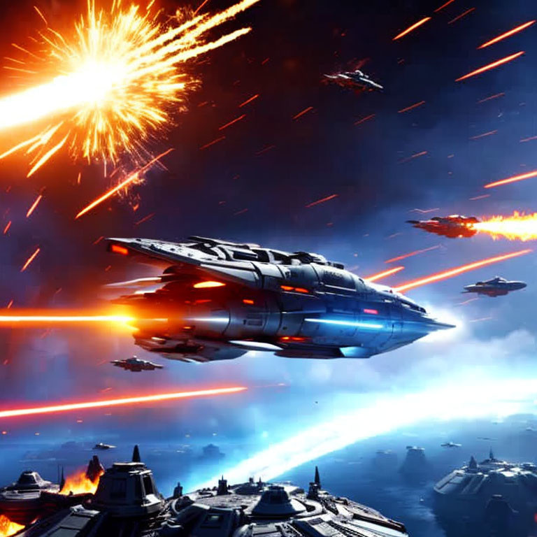 Vibrant space battle with starships, lasers, and explosions