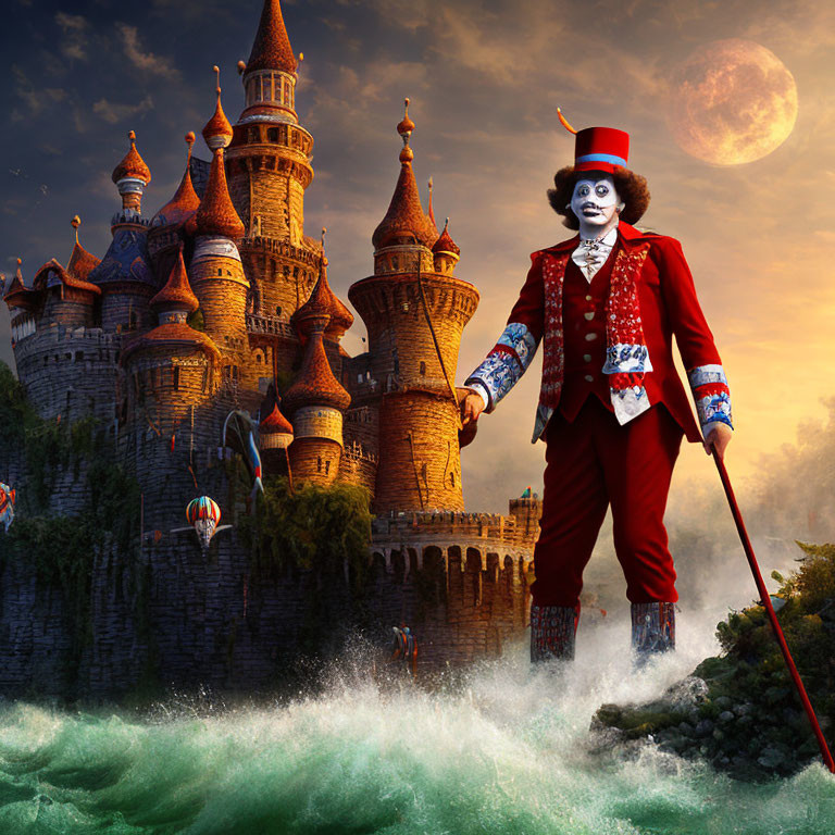 Whimsical character in top hat by fairytale castle with full moon